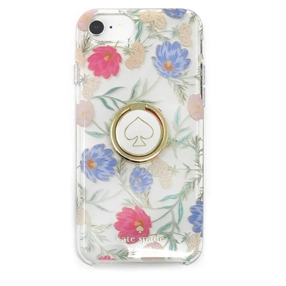 kate spade Floral Clear Phone Case with Gold Ring Holder - Pink & Blue